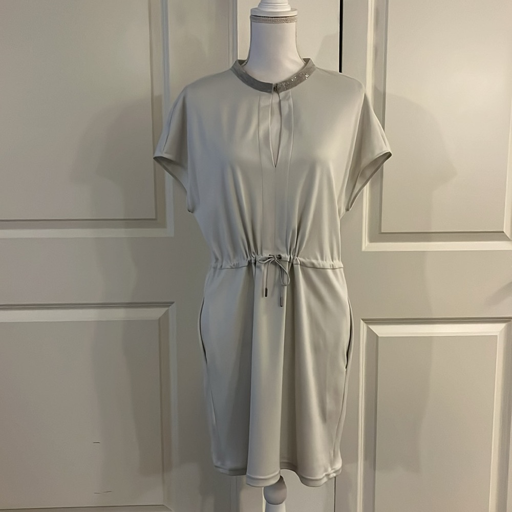 Fabiana Filippi Gray Split Neck Dress with Cinched Tie Waist and Pockets